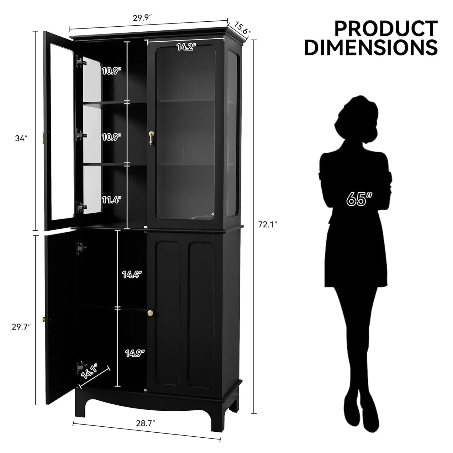 GUANGBAI Freestanding Kitchen Pantry Sideboard With Glass Door Adjustable Shelves