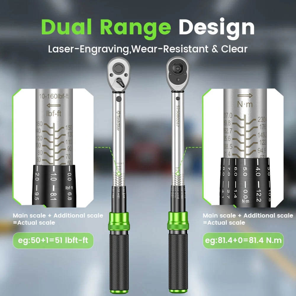 TaskStar 8-In-1 Torque Wrench Kit Dual Scale Ratchet Set