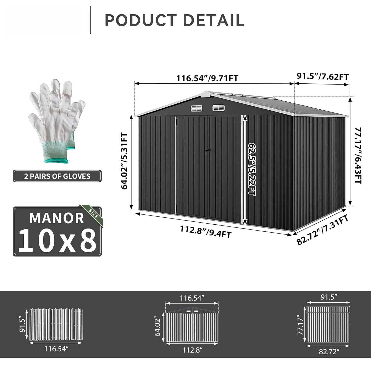 Galvanized Outdoor Storage Shed, Waterproof For Garden Tools
