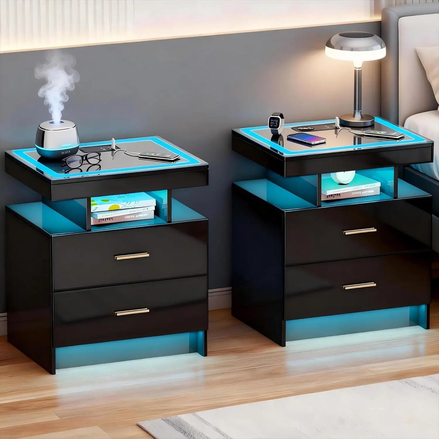 Nightstands Set With Wireless Charging Auto Sensor Led End Tables