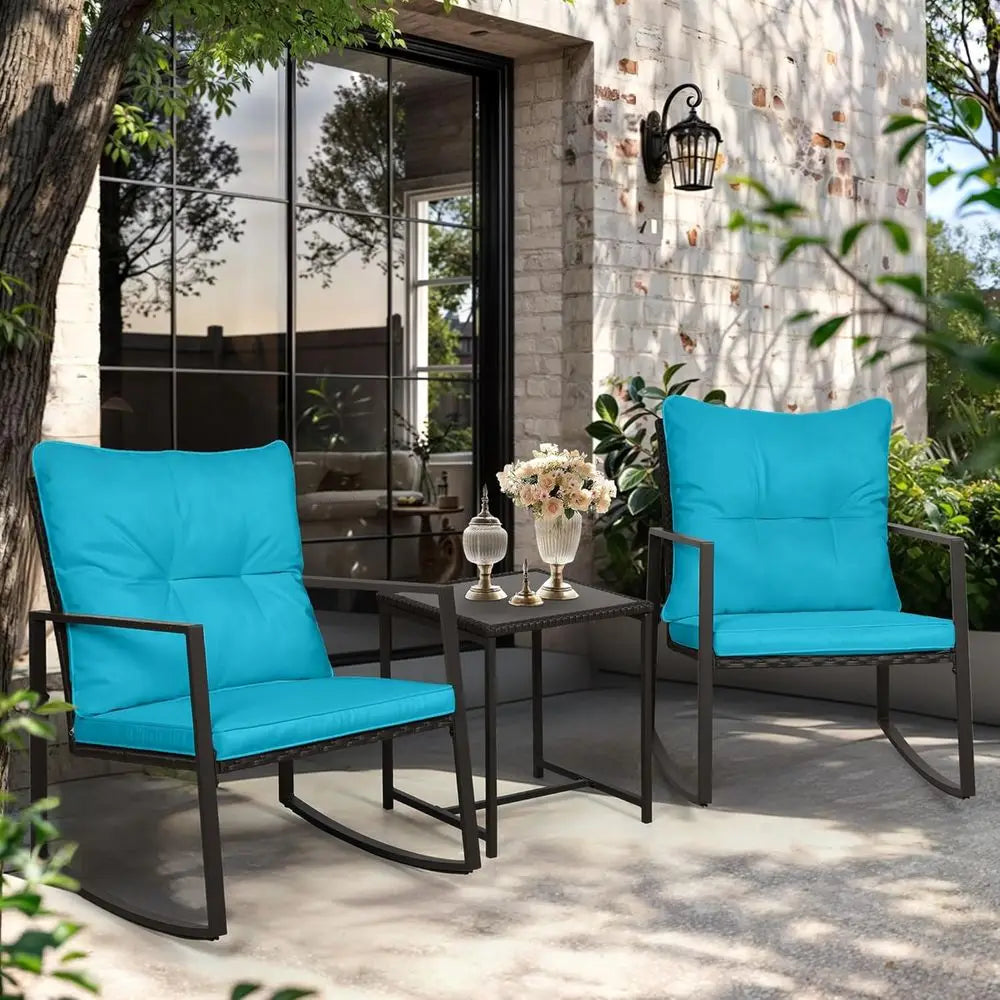 3-Piece Wicker Outdoor Rocking Bistro Set With Cushions Coffee Table