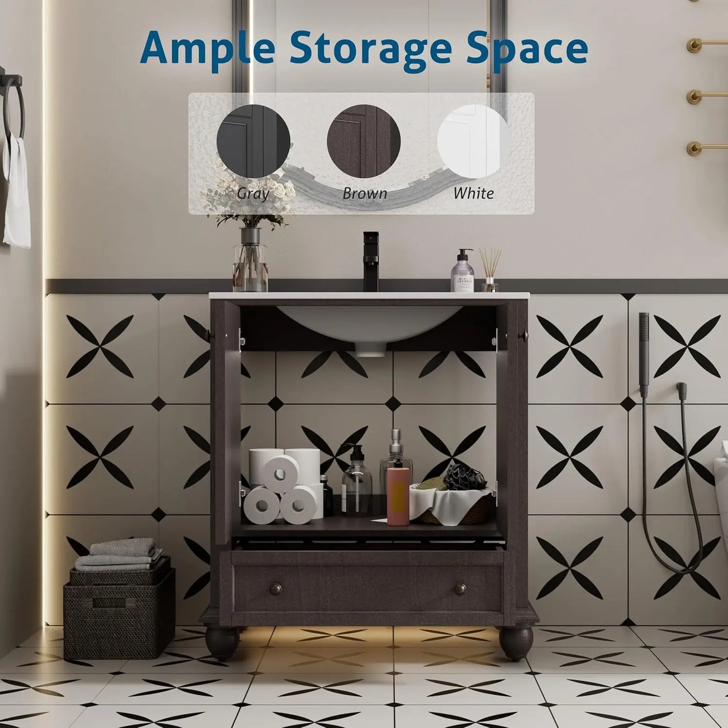 Bathroom Vanity And Sink Combo With Retro Painted Cabinet Matte Faucet