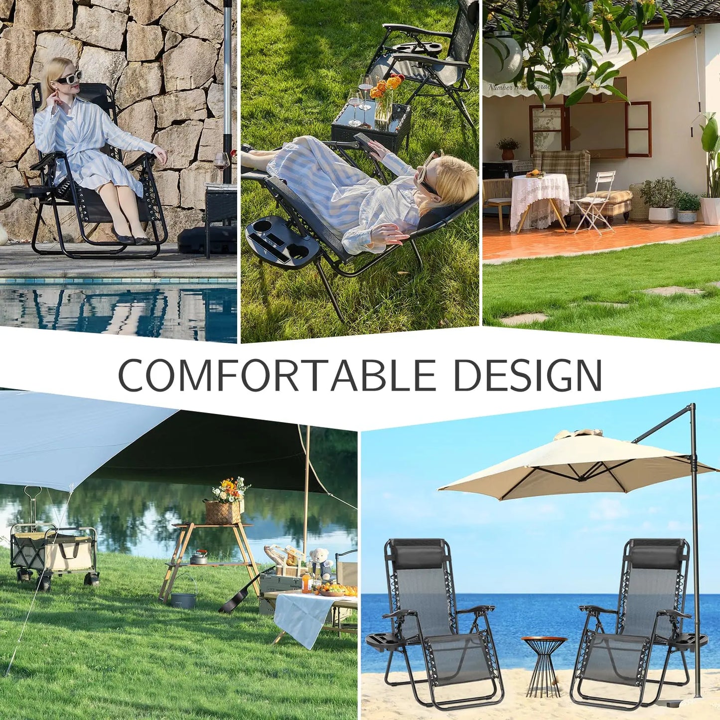 JHK Zero Gravity Portable Recliner With Cup Holder Trays