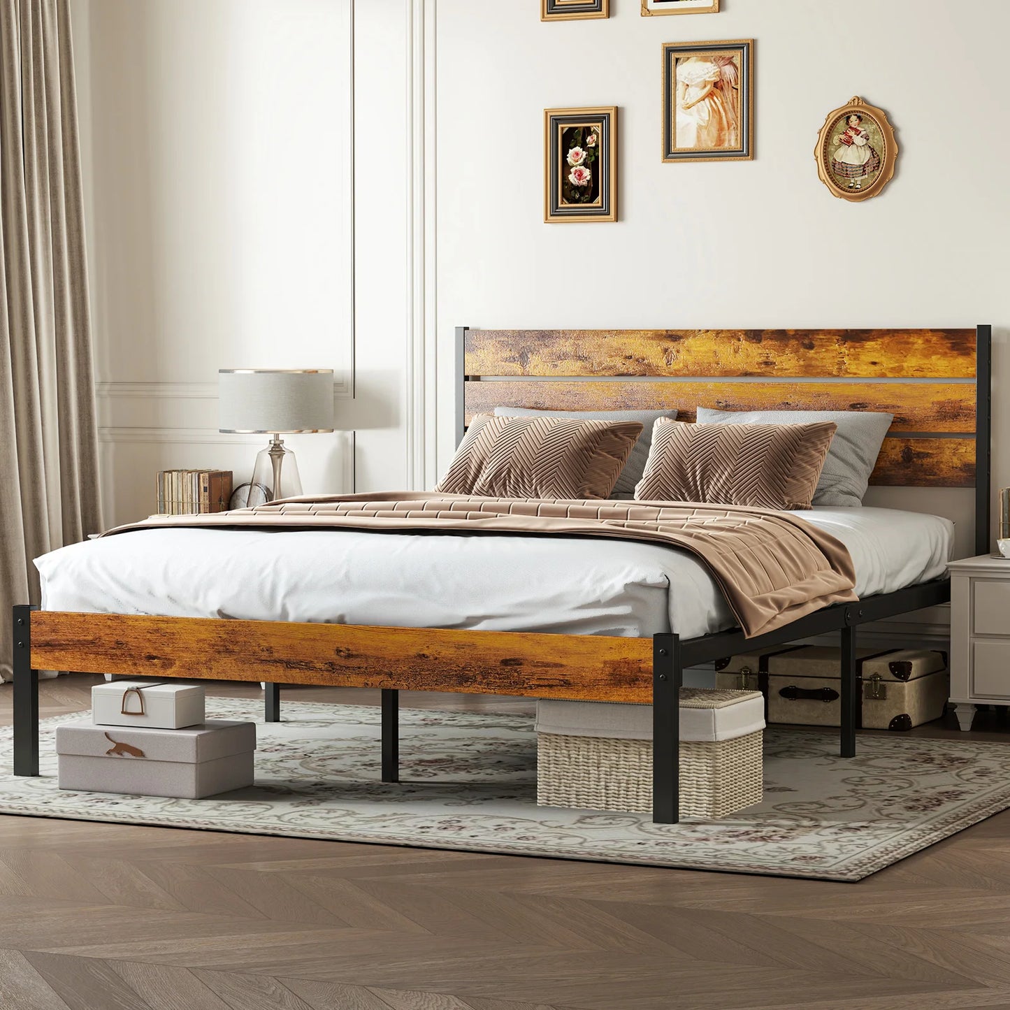 MCQ Wooden Headboard Platform Bed Frame With Metal Slats