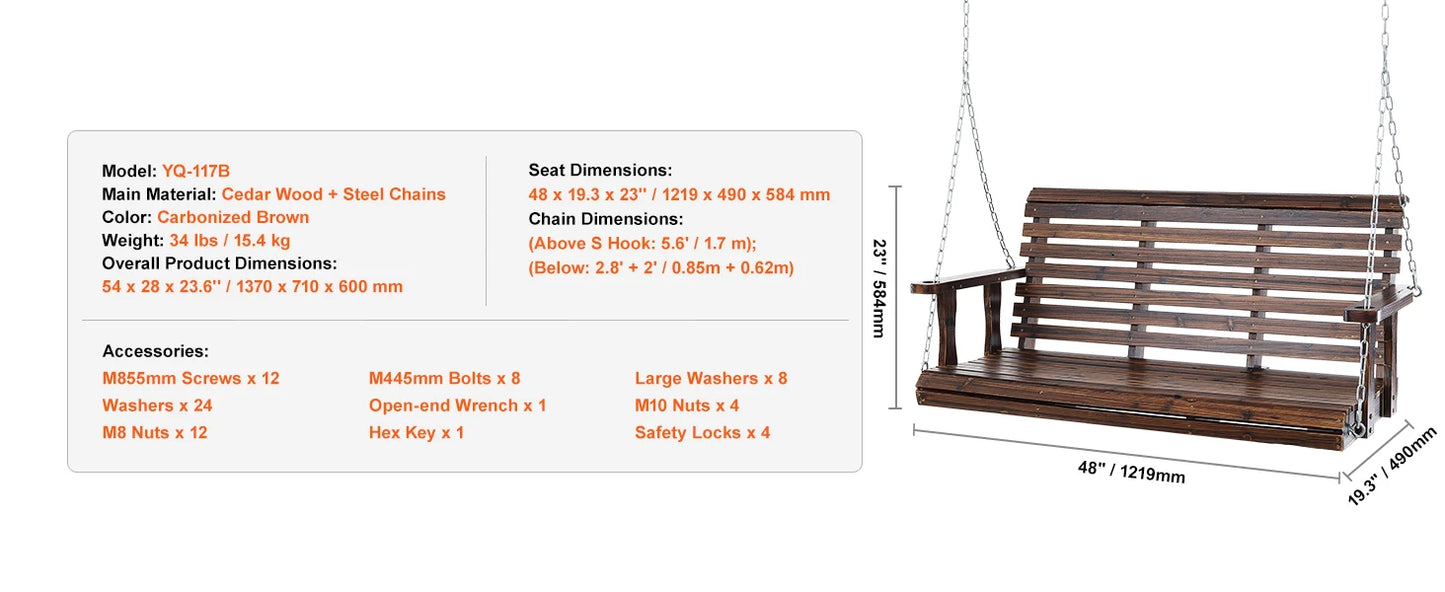 SucceBuy Wooden Porch Swing Outdoor Patio Bench Garden Seat