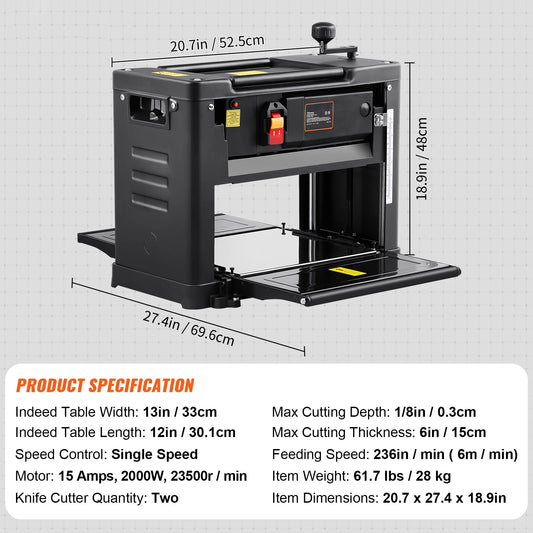 SucceBuy Thickness Planer 15-Amp 1800W Benchtop With Two-Blade
