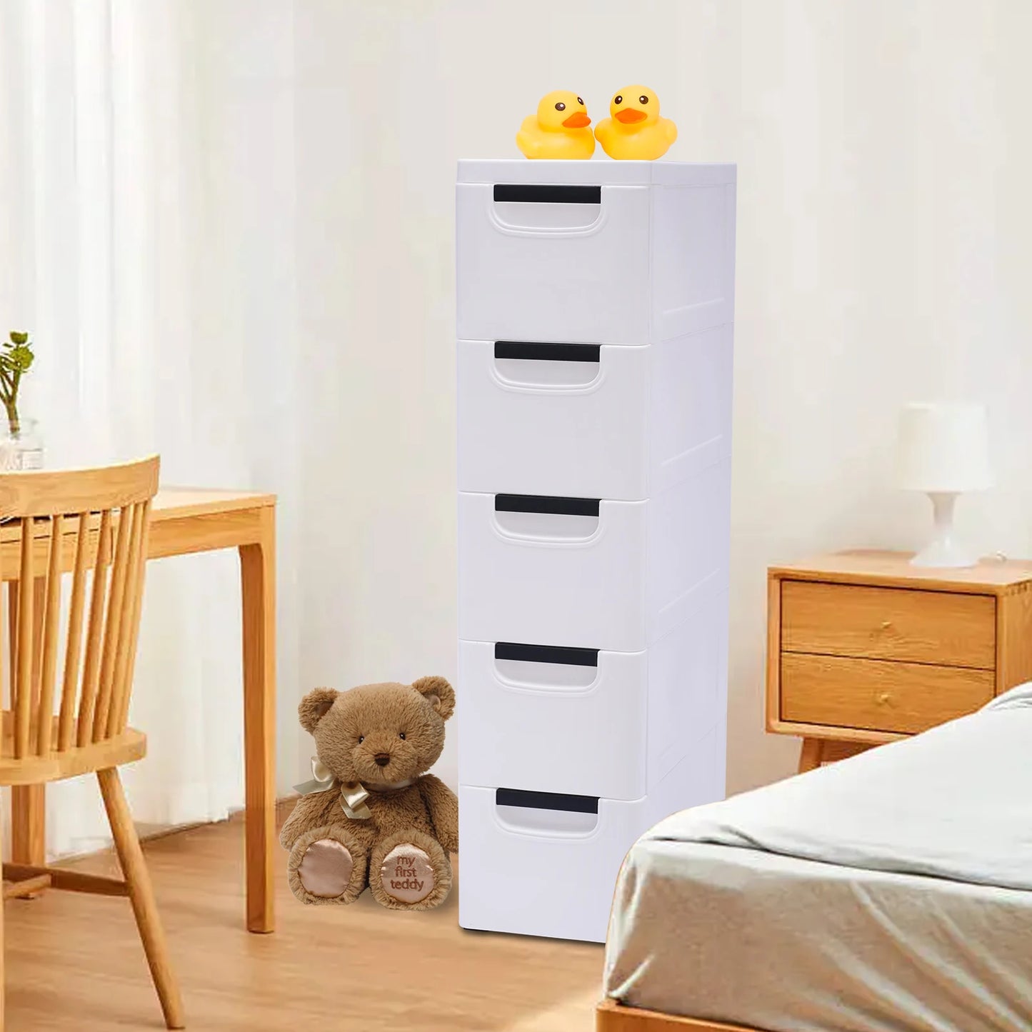 Large Capacity Storage Cabinet with 5 Compartmentalized Design Drawers, Organized Storage Cabinet , Flexible Movement