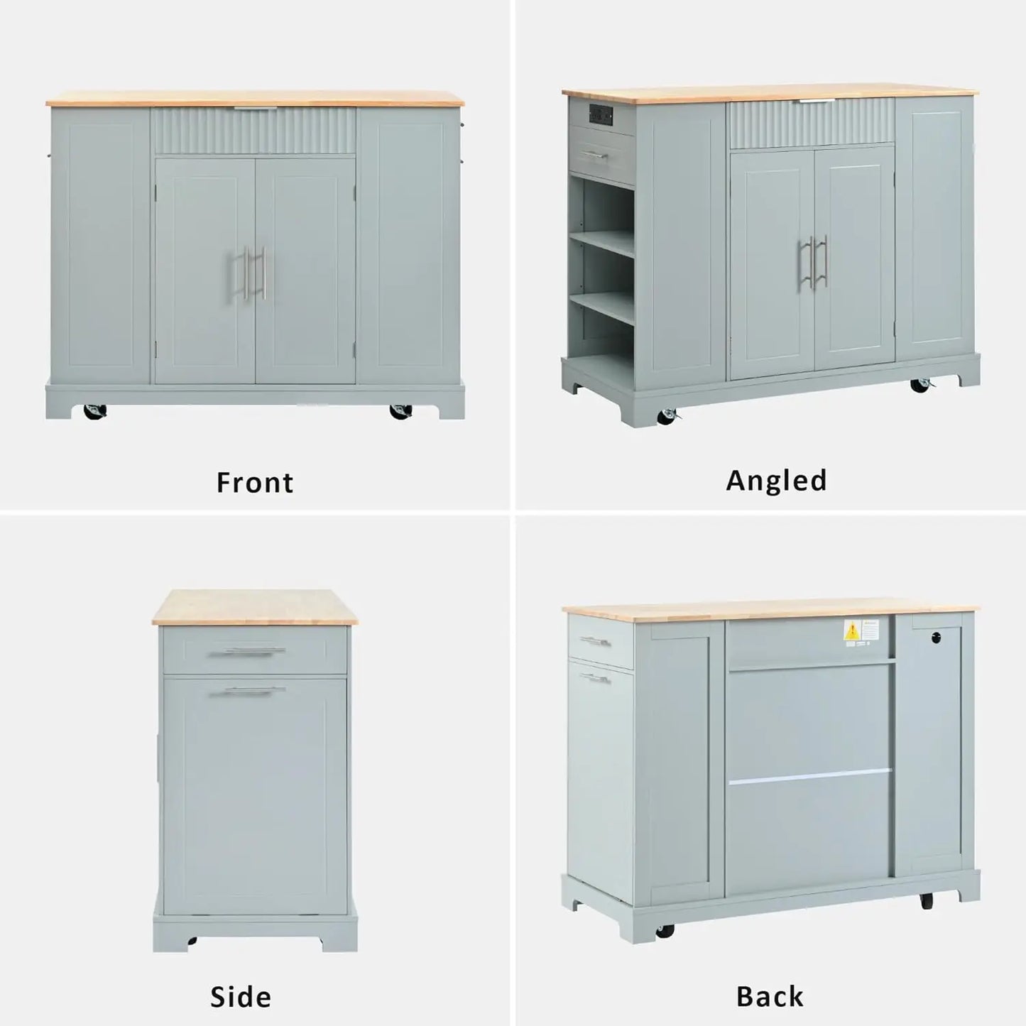 Fluted Rolling Kitchen Island With Power Outlet And Drop Leaf