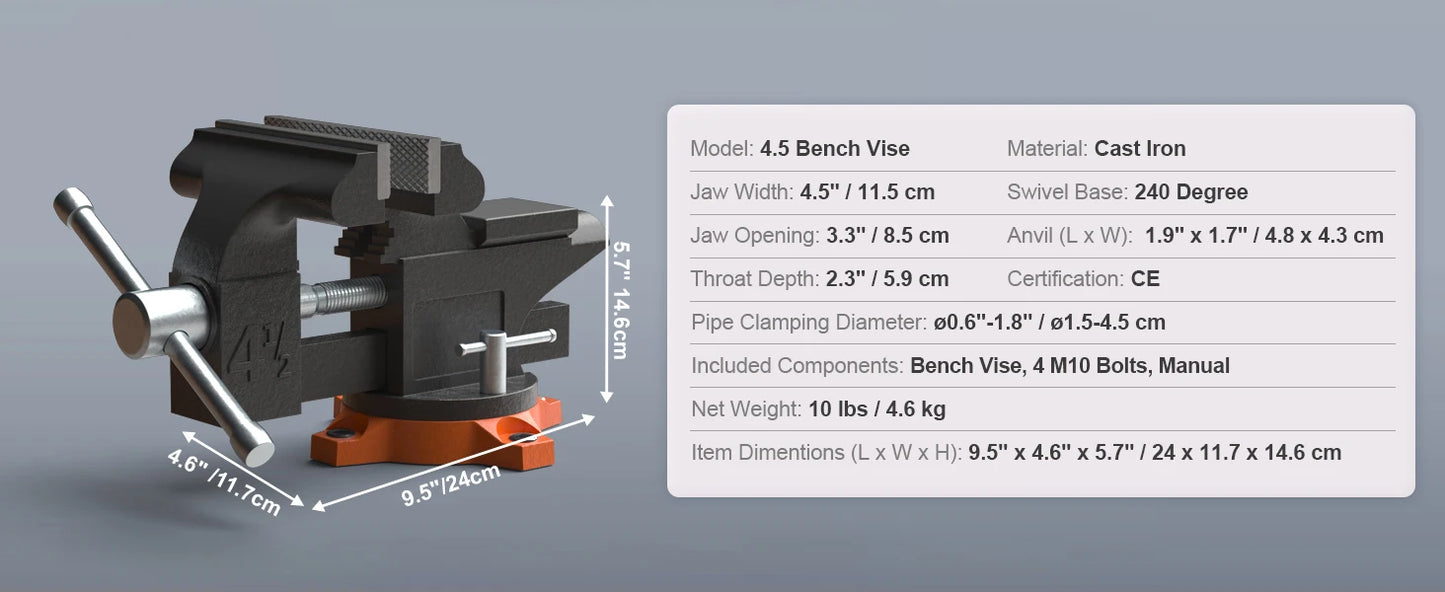 SucceBuy Bench Vise Heavy Duty Cast Iron With Swivel Base Anvil Multipurpose