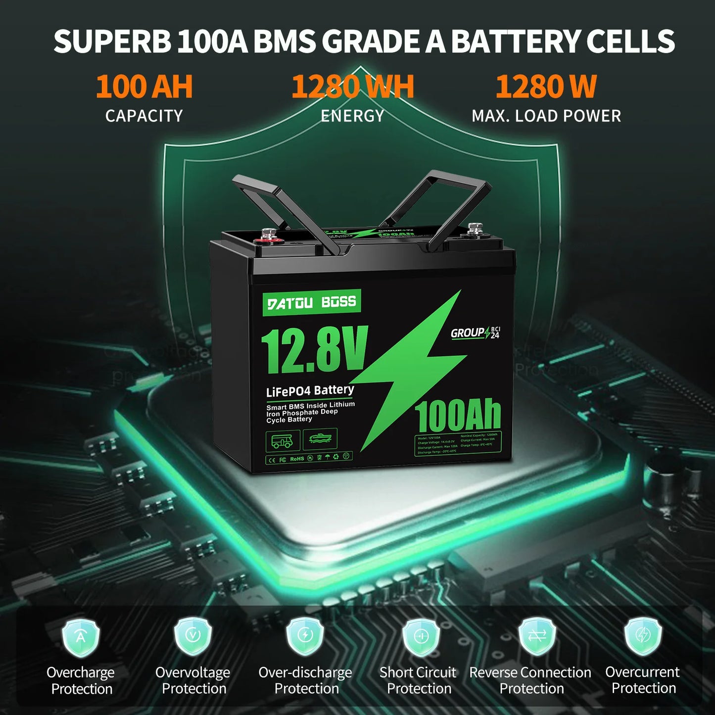 DATOUBOSS MFUZOP 12V 100Ah LiFePO4 Battery With BMS
