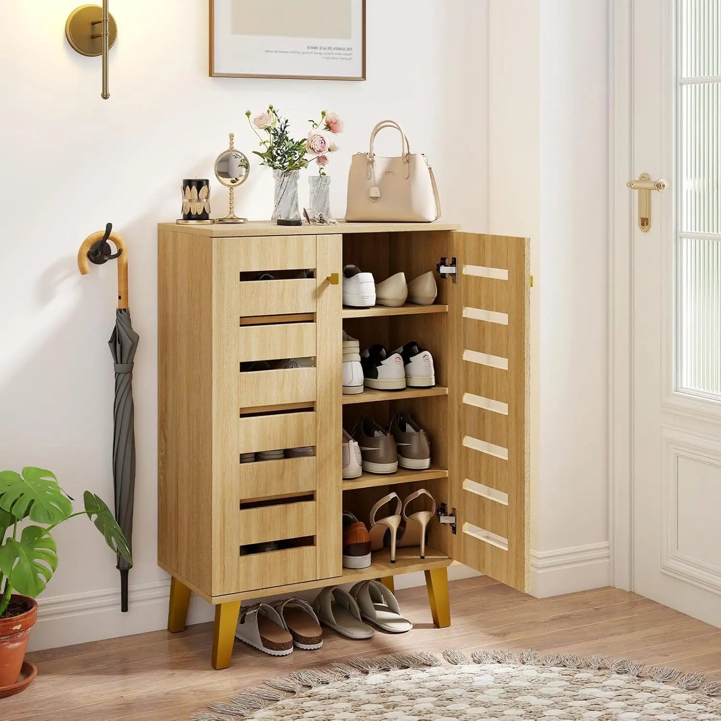 Shoe Cabinet With Doors Freestanding Shoe Rack Ventilated Slatted Shelves