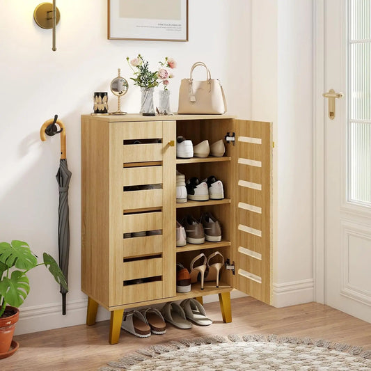 Shoe Cabinet With Doors Freestanding Shoe Rack Ventilated Slatted Shelves