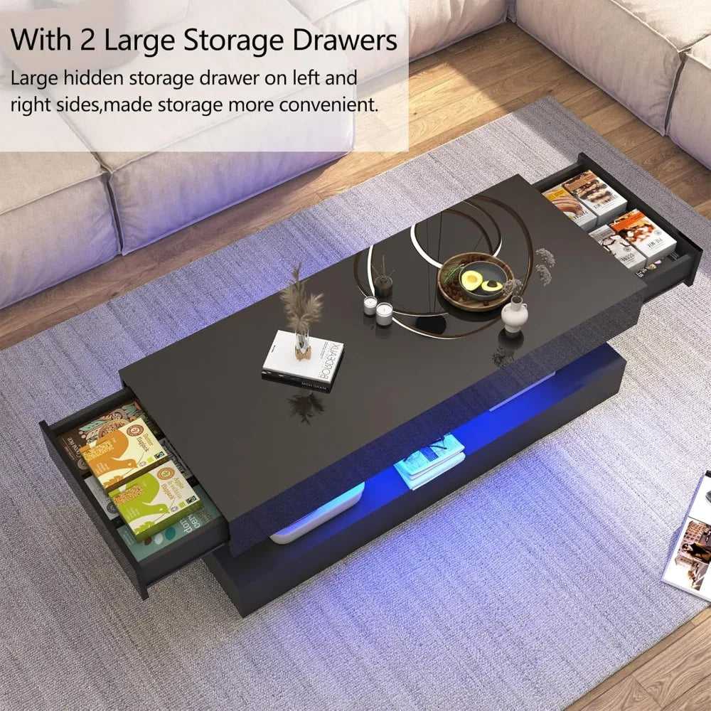 Glossy Modern LED Coffee Table With Two Storage Drawers