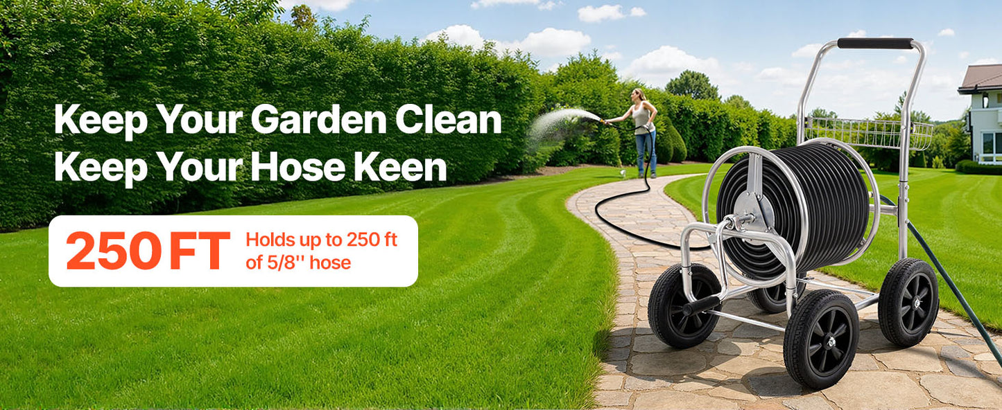 SucceBuy Hose Reel Cart With Basket Heavy Duty Garden Steel