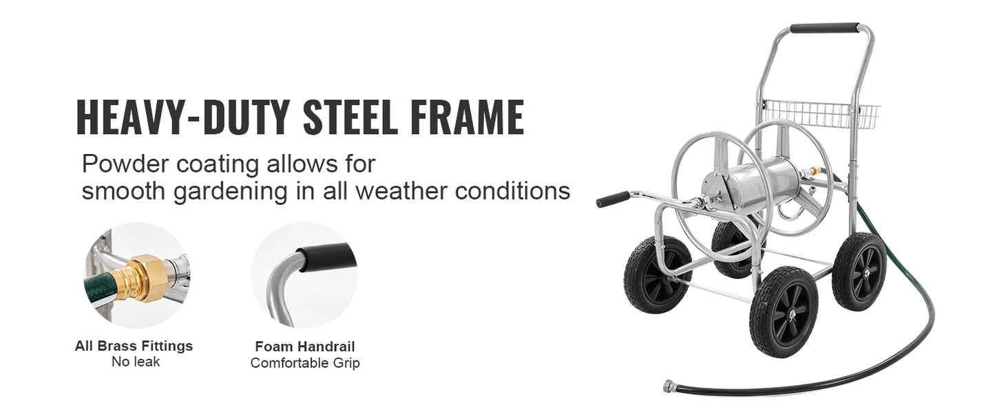 SucceBuy Hose Reel Cart With Basket Heavy Duty Garden Steel