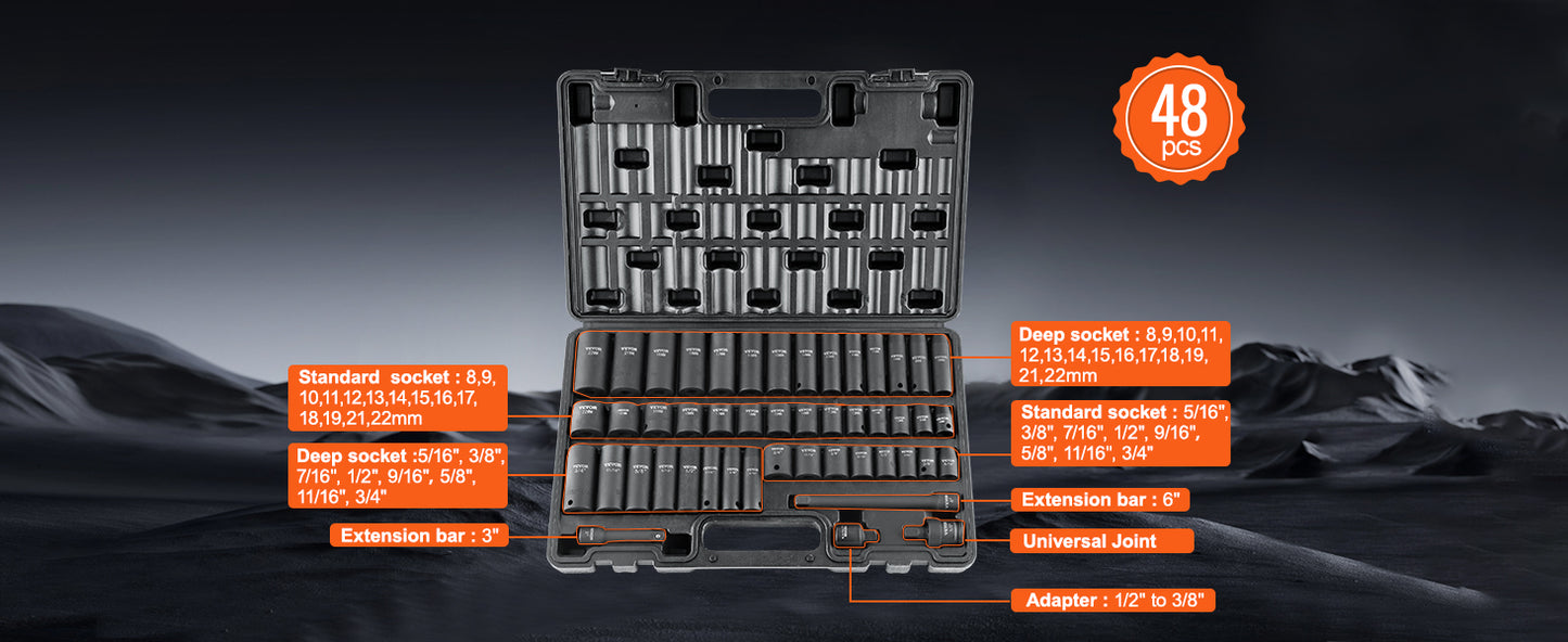 SucceBuy 1/2" 3/8" Drive Impact Socket Set 23/33/34/48/65 PCs Deep Socket Set SAE Metric Cr-V Cr-Mo Alloy Steel for Auto Repair