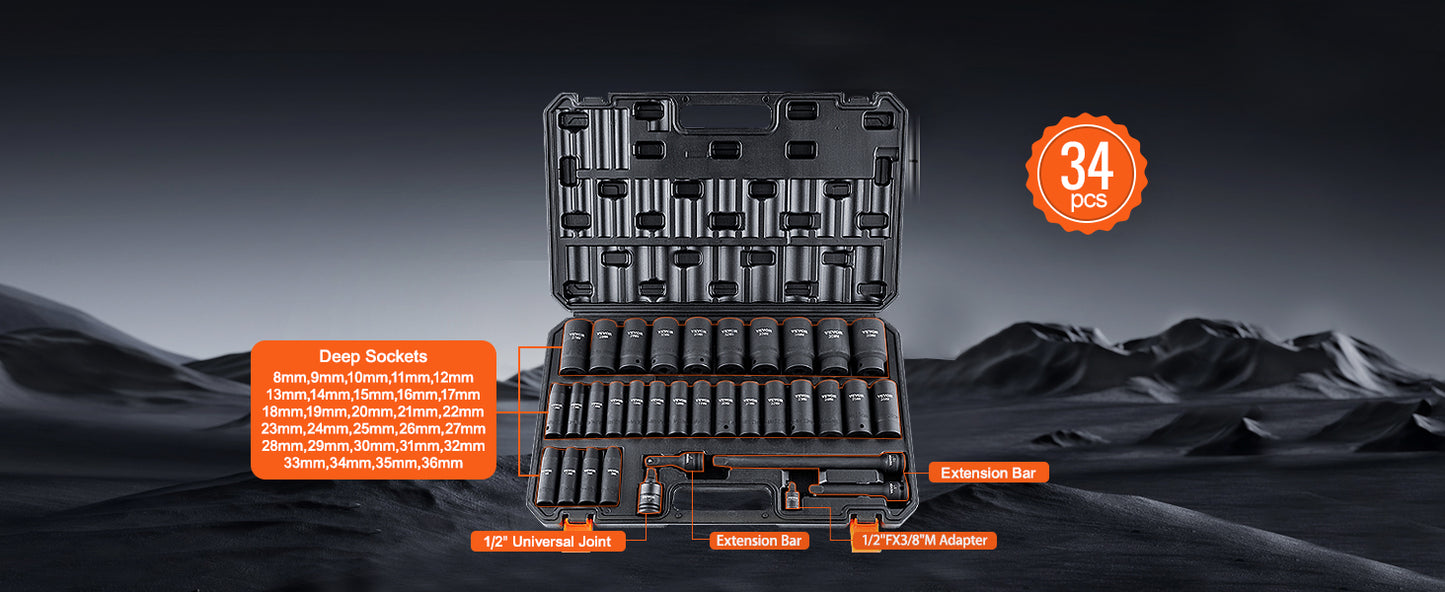 SucceBuy 1/2" 3/8" Drive Impact Socket Set 23/33/34/48/65 PCs Deep Socket Set SAE Metric Cr-V Cr-Mo Alloy Steel for Auto Repair