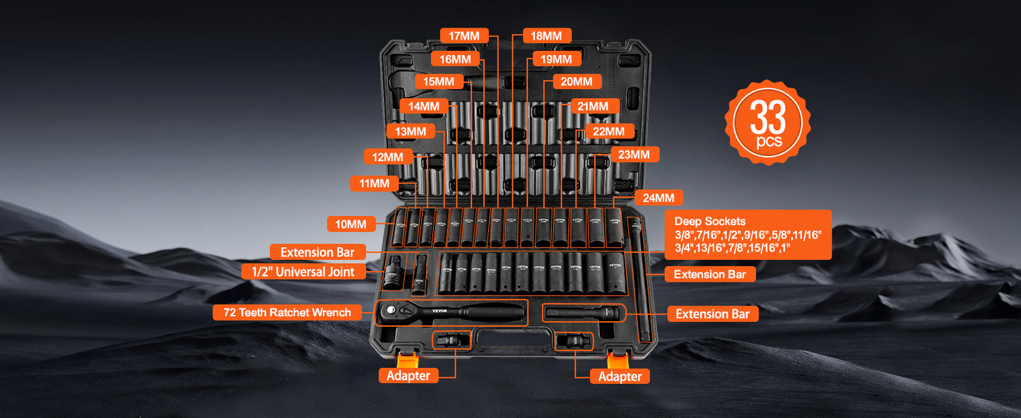 SucceBuy 1/2" 3/8" Drive Impact Socket Set 23/33/34/48/65 PCs Deep Socket Set SAE Metric Cr-V Cr-Mo Alloy Steel for Auto Repair