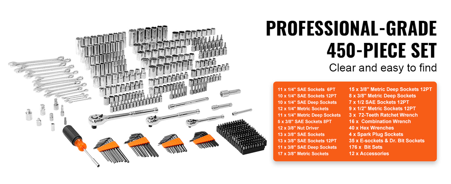 SucceBuy 450-Piece Mechanics Tool Set And Socket Kit SAE And Metric