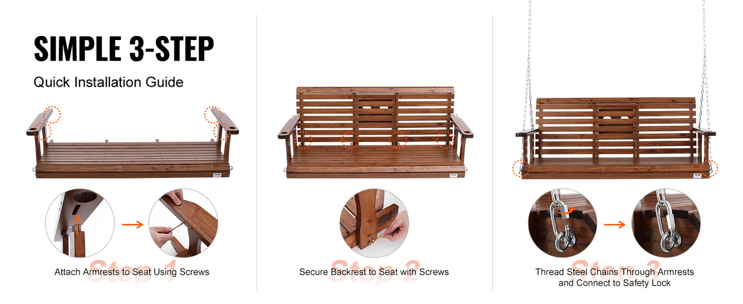 SucceBuy Wooden Porch Swing Outdoor Patio Bench Garden Seat
