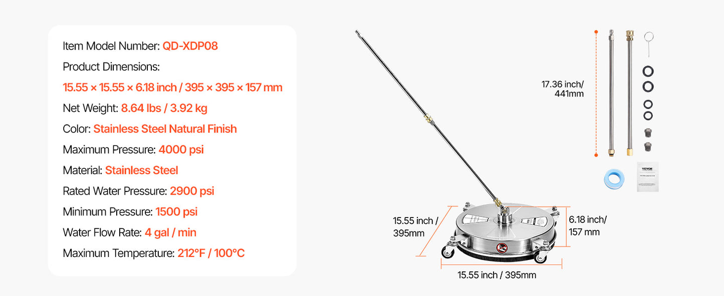 VEVOR Pressure Washer Surface Cleaner Stainless Steel With 4 Wheels