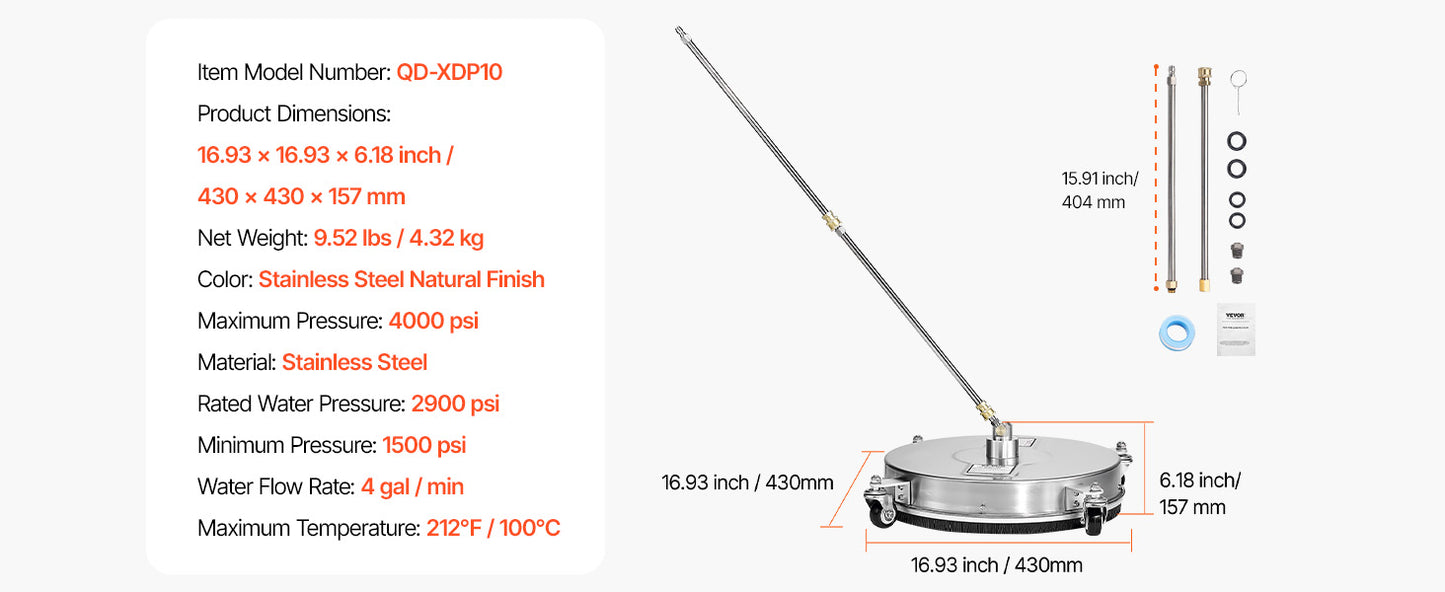 VEVOR Pressure Washer Surface Cleaner Stainless Steel With 4 Wheels