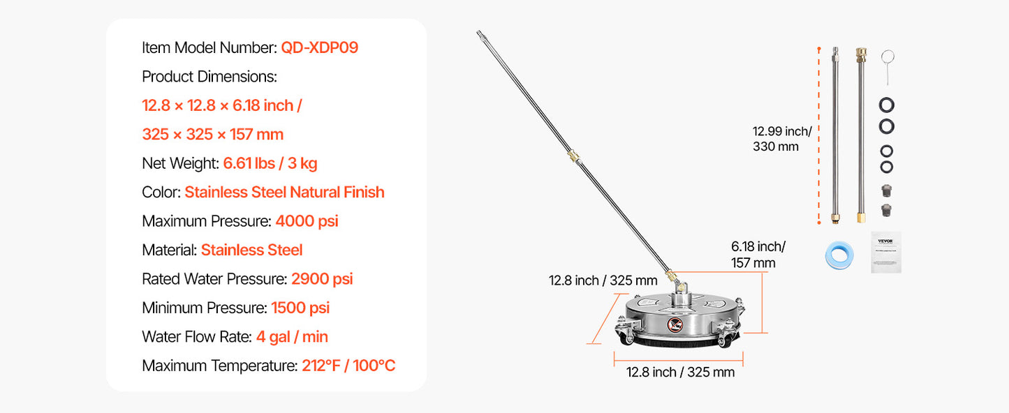 VEVOR Pressure Washer Surface Cleaner Stainless Steel With 4 Wheels