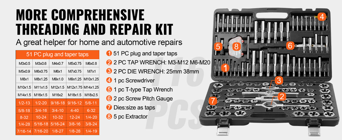 SucceBuy 116 Piece Tap And Die Set Metric SAE Taps Dies