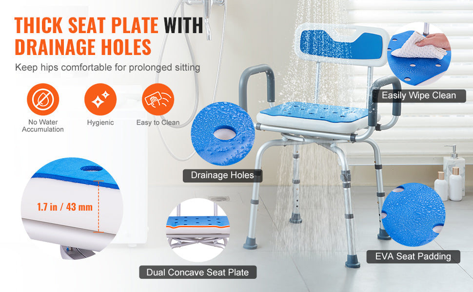 SucceBuy 360 Degree Swivel Shower Chair With Armrests And Backrest Non Slip