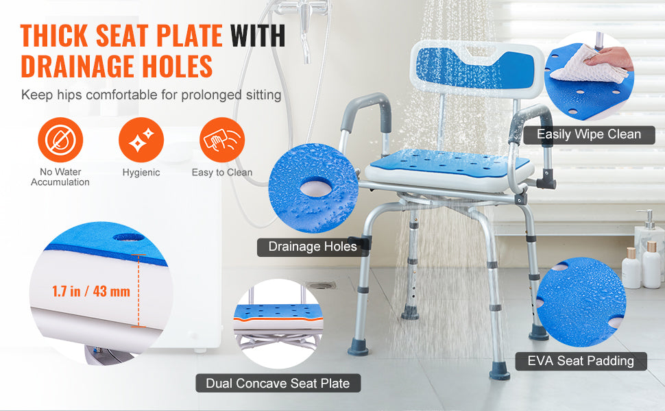 SucceBuy 360 Degree Swivel Shower Chair With Armrests And Backrest Non Slip