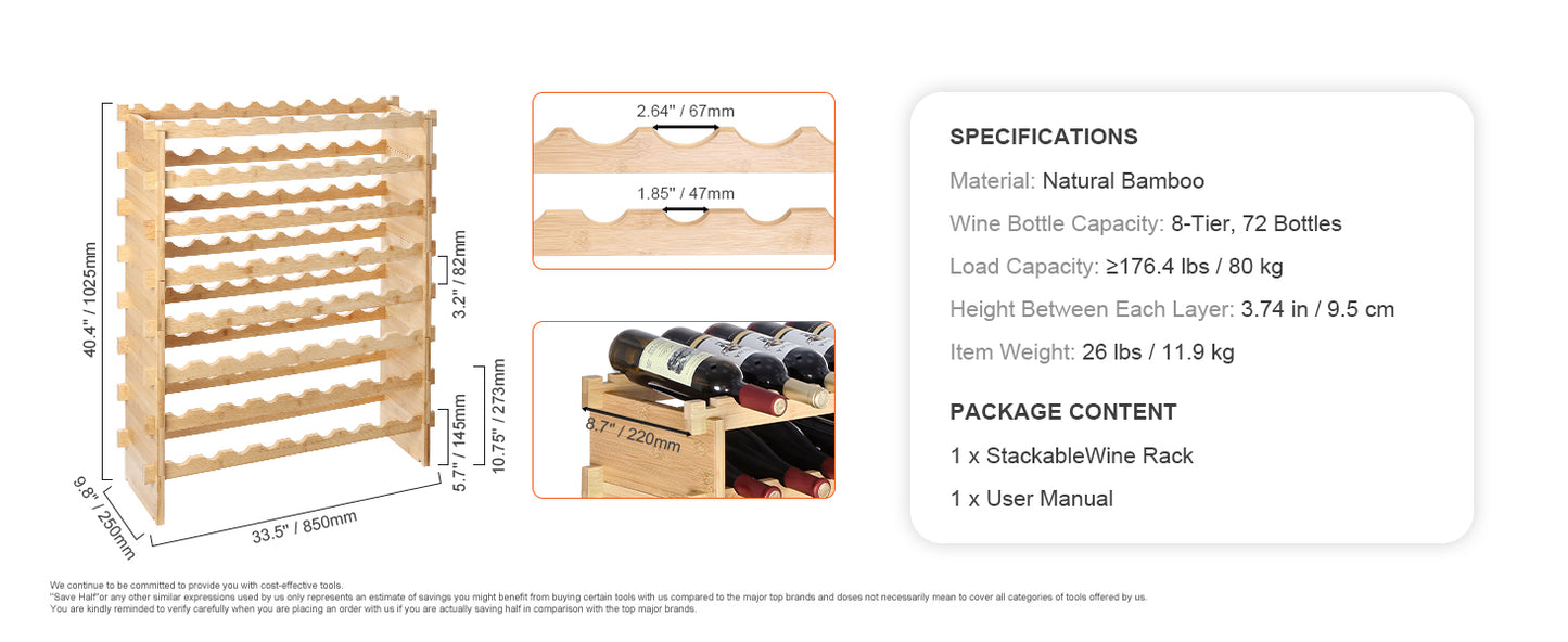 SucceBuy 8 Tier Bamboo Stackable Wine Rack Free Standing